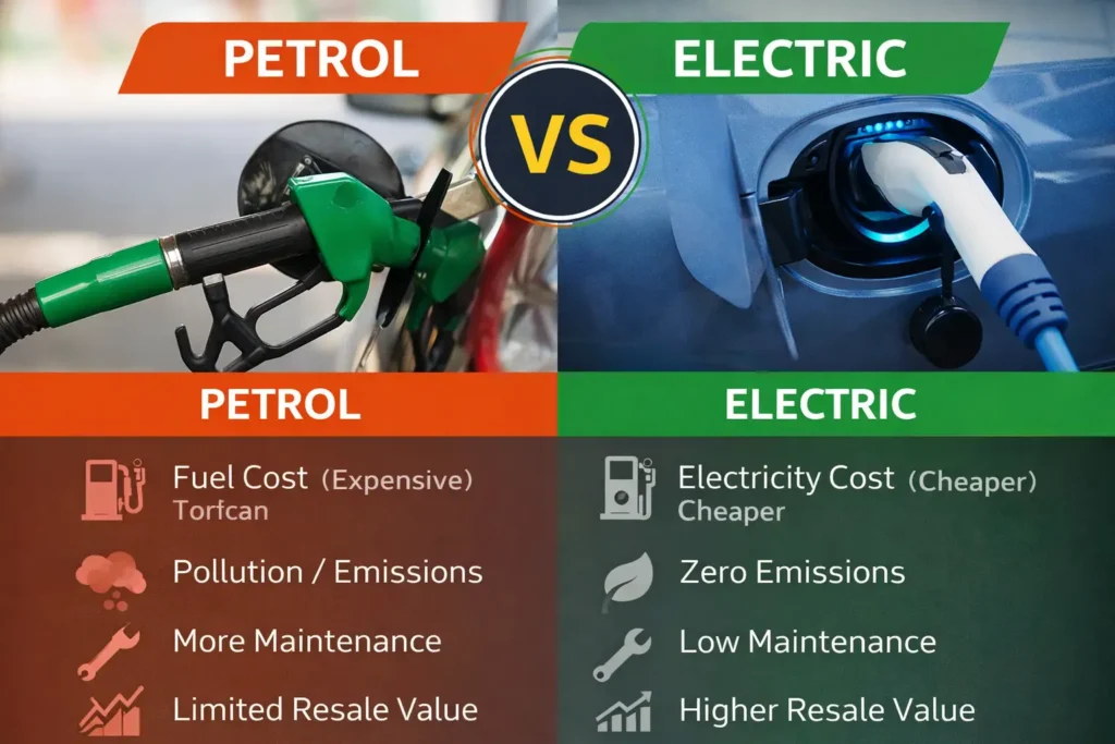 पेट्रोल कार बनाम इलेक्ट्रिक कार की तुलना दिखता है फोटो में, जिसमे फ्यूल लागत, प्रदूषण और मेंटनेंस का अंतर समझाया गया है। Tata Tiago EV vs Tata Punch EV: