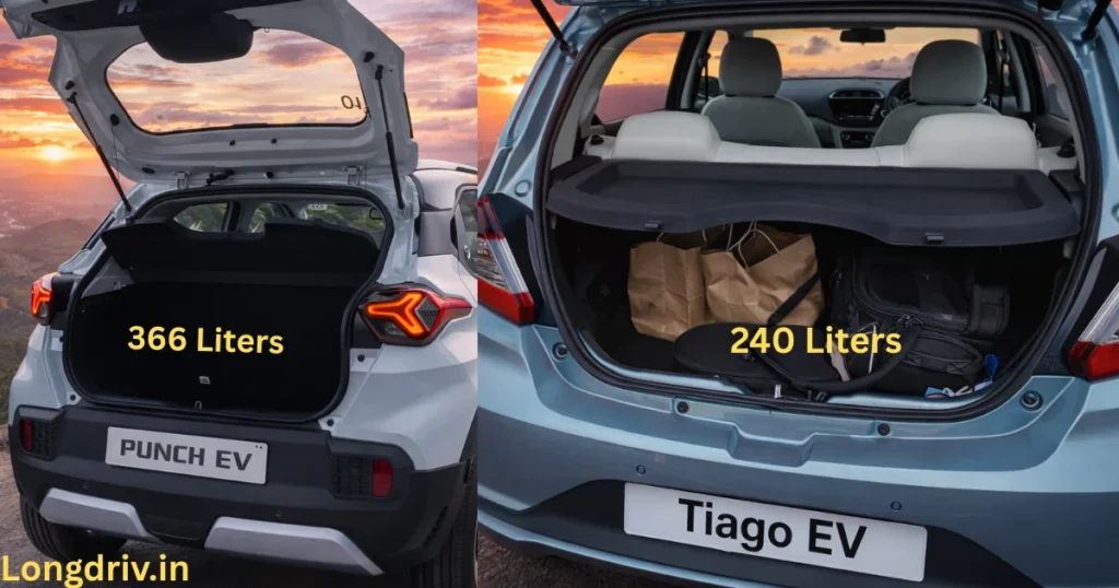 Tata Punch EV और Tata Tiago EV का बूट स्पेस तुलना – Tata Punch EV में 366 लीटर और Tata Tiago EV में 240 लीटर स्टोरेज मिलता है। Tata Tiago EV vs Tata Punch EV: