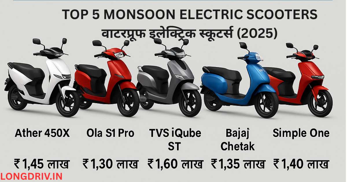 Top 5 Waterproof Electric Scooters 2025 With prices – Ather 450X, Ola S1 Pro, TVS iQube ST, Bajaj Chetak, Simple One