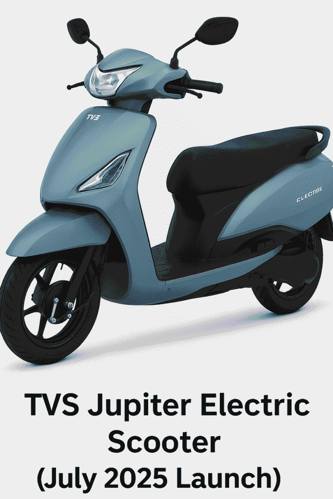 TVS Jupiter Electric Scooter in matte blue color, showcasing modern design, LED headlamp and sleek body, July 2025 launch in India
