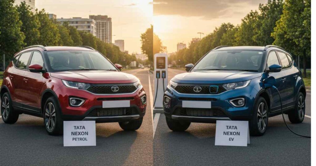 Tata Nexon Petrol vs Nexon EV Comparison – 2025 में कौन है ज्यादा फायदेमंद कार. EV, EV vs Petrol cost India 2025, Tata Nexon EV vs Petrol TCO, EV vs Petrol 5-year comparison, Electric car savings India