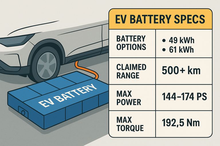 Maruti eVitara battery specification infographic showing 49 kWh एंड 61 kWh ऑप्सन के आता है और 500 km से ज्यादा का रेंज मिलने संभावना हैं।