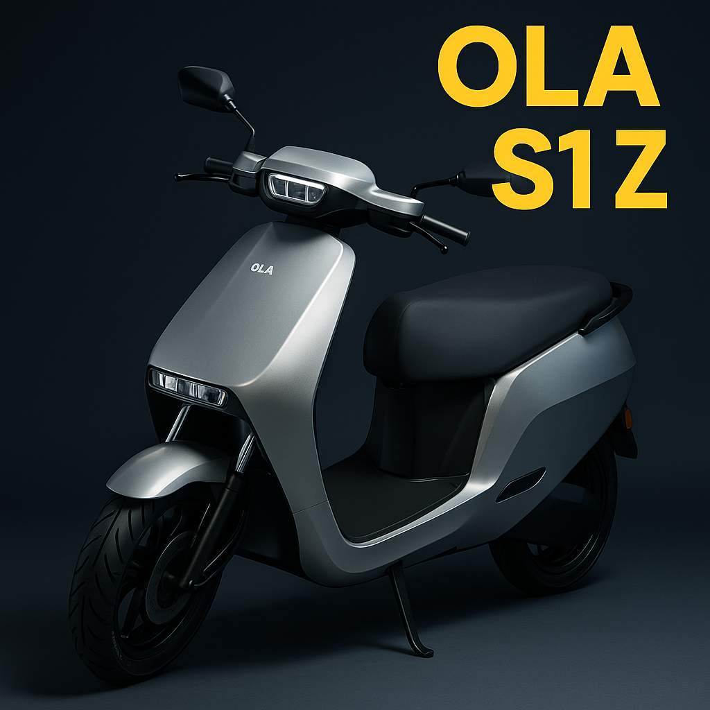 Ola S1 Z electric scooter in silver color dispayed in a studio lighting setup, showing clean fornt design and premium EV styling 2025 में ₹1 लाख अंदर टॉप 5 सस्ती इलेक्ट्रिक स्कूटर | Best EV List