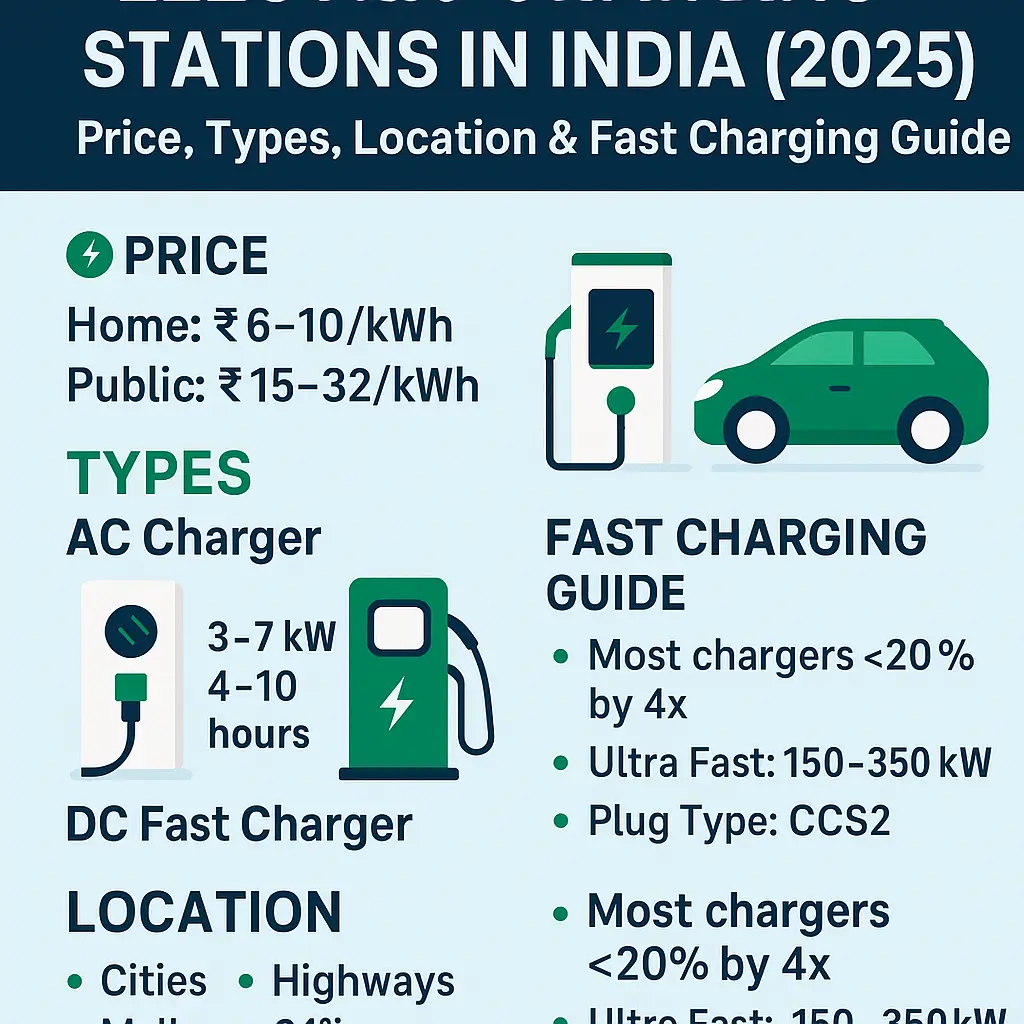 Electric Charging Stations in India 2025 – Price, Types, AC/DC Fast Chargind Guide Infographic