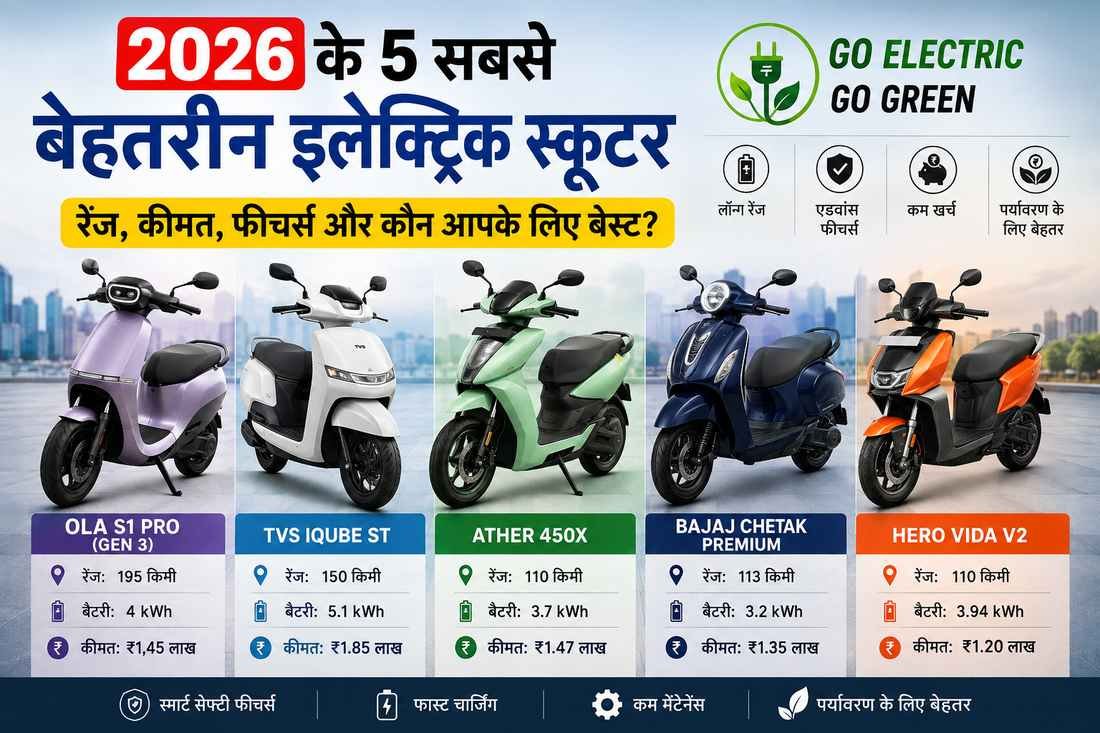 2026 के 5 सबसे बेहतरीन इलेक्ट्रिक स्कूटर – Ola S1 Pro, TVS iQube, Ather 450X, Bajaj Chetak और Hero Vida V2