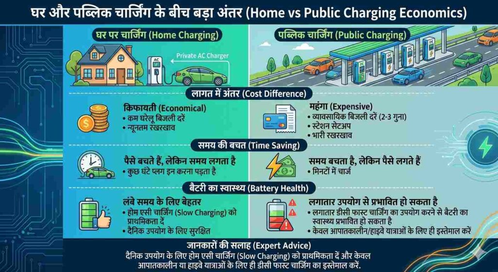 घर और पब्लिक चार्जिंग के बीच बड़ा अंतर (Home vs Public Charging Economics) EV Charging Cost in India 2026